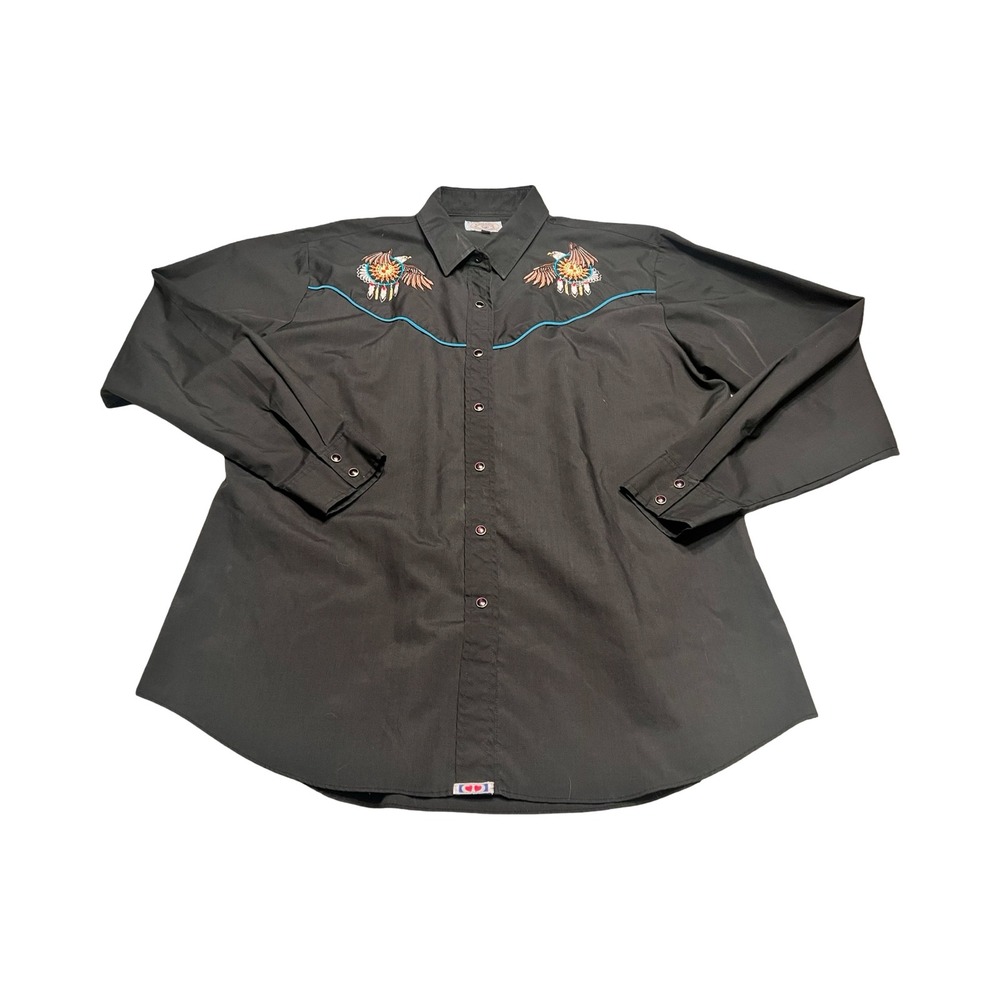 Ely Country Charmers Womens XL Western Snap Shirt Black Eagle Embroidery Vintage